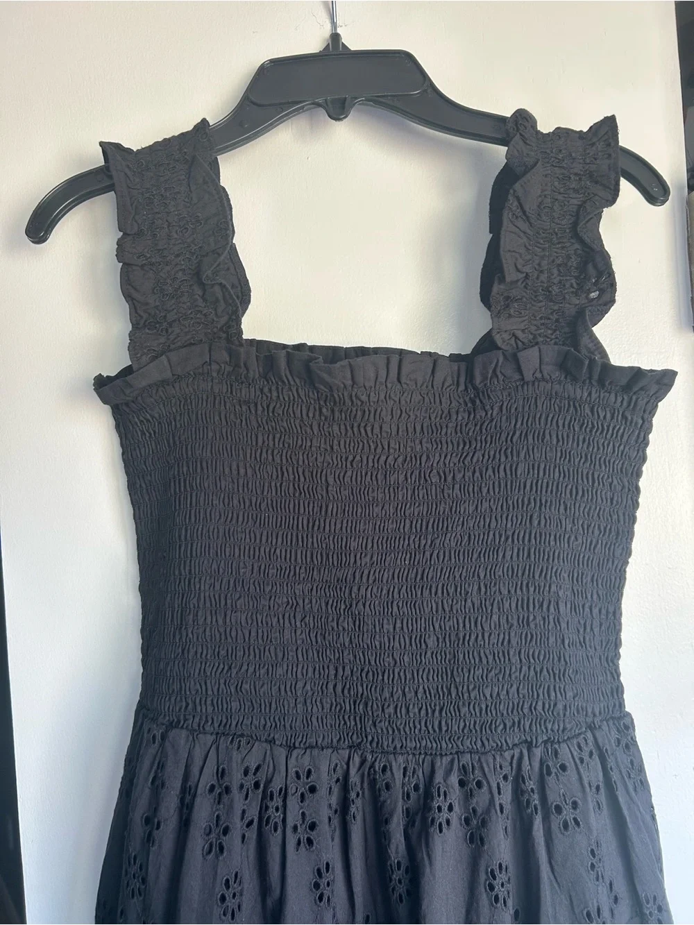 Quince Black Eyelet Smocked Midi Dress